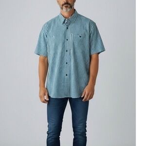 RedHead Mens Teal White Gingham Short Sleeve Button Down Shirt Large Stretch